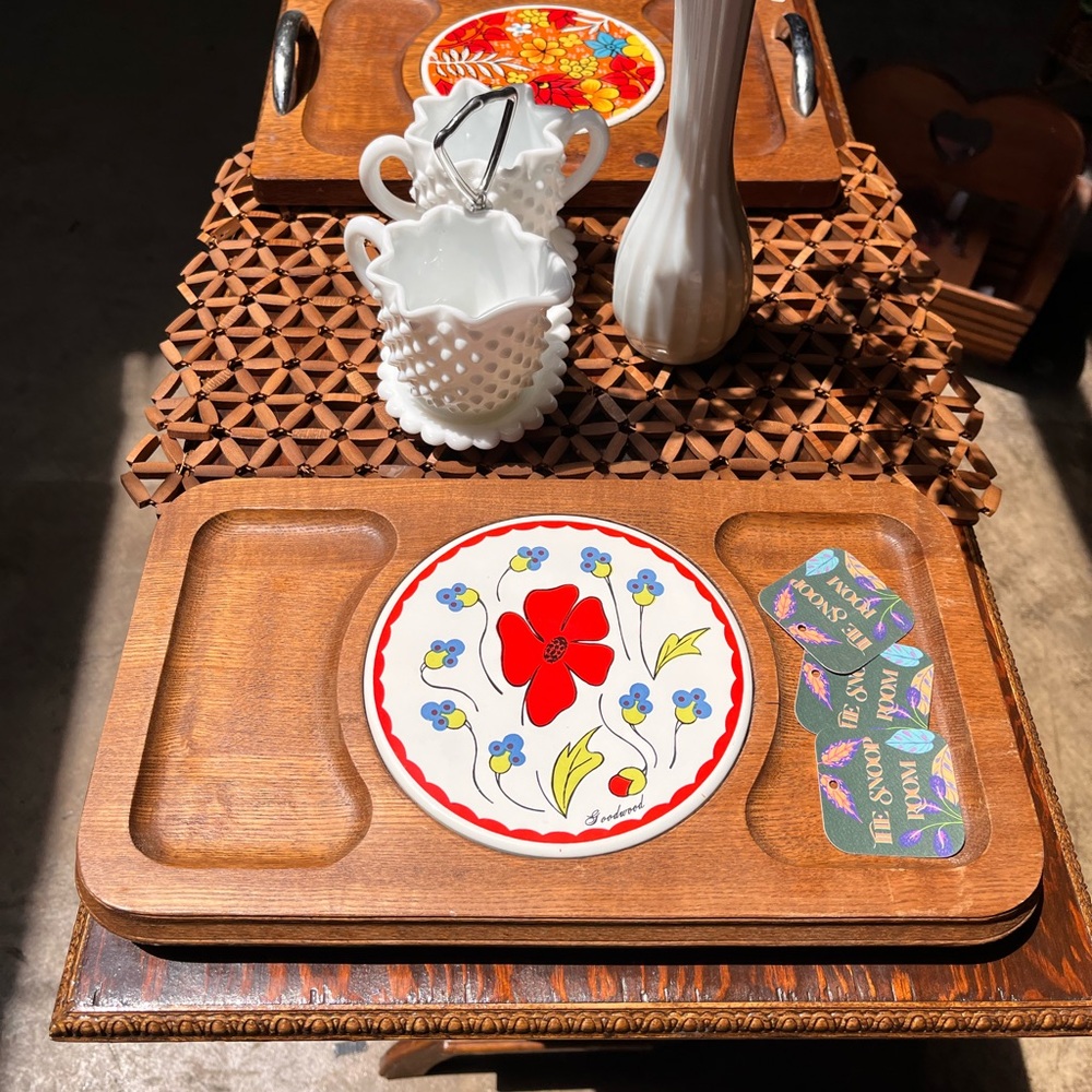 Wooden Serving Tray with Red Floral Ceramic Inset - Home Dining